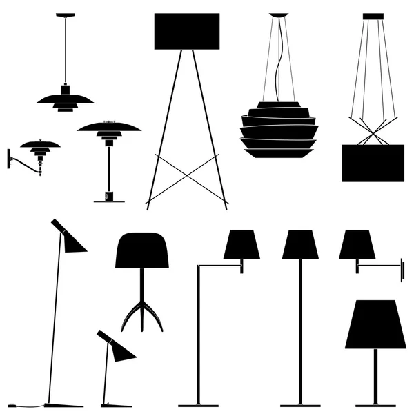 Conjunto de lâmpadas diferentes. Piso de silhueta preta, tabela e ilustração de arandelas . — Fotografia de Stock