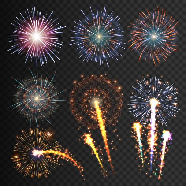 Collection feux d'artifice festifs de différentes couleurs disposés sur un fond noir. Éclosions isolées transparentes à coller. Ensemble de formes abstraites scintillantes. Illustration vectorielle — Image vectorielle