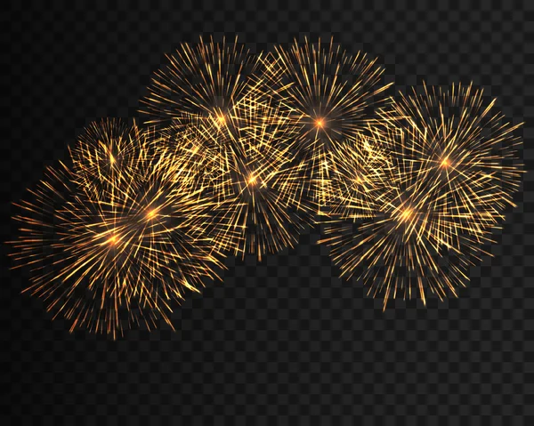 Raccolta fuochi d'artificio festivi di vari colori disposti su uno sfondo nero. Focolai isolati trasparenti da incollare. Set di forme astratte scintillanti. Illustrazione vettoriale — Vettoriale Stock