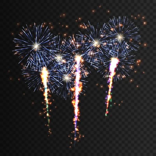 Fuochi d'artificio decorati festivi scoppiare in varie forme pittogrammi scintillanti impostati su sfondo nero astratto vettore isolato illustrazione. — Vettoriale Stock