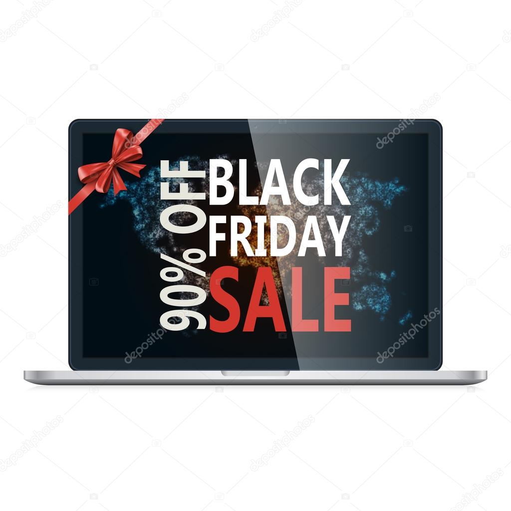 Black Friday sale inscription photorealistic design template. Advertising banner with red bow and place for text. Vector illustration EPS 10