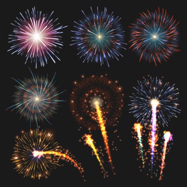 Collection festive fireworks of various colors arranged on a black background. Isolated outbreaks transparent to paste. Set of sparkling abstract shapes illustration clipart