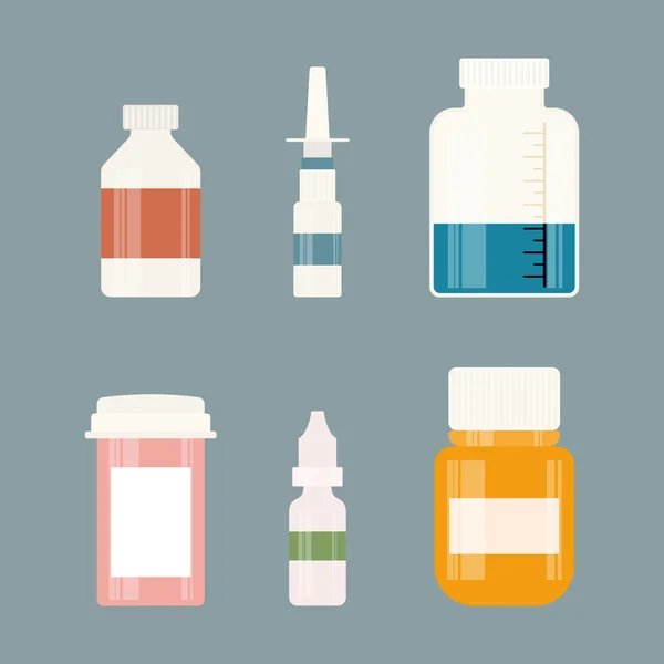 İlaç şişeleri koleksiyonu. Uyuşturucu, tablet, kapsül ve spreyler şişe. Vektör çizim — Stok Vektör