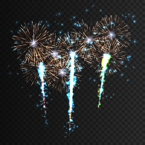 Esplosione di fuochi d'artificio fantasia festiva in varie forme scintillanti collezioni di pittogrammi su sfondo nero isolato. Illustrazione astratta del vettore — Vettoriale Stock