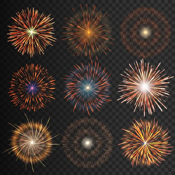 Festive patterned fireworks isolated bursting in various shapes sparkling pictograms set. — Stock Vector