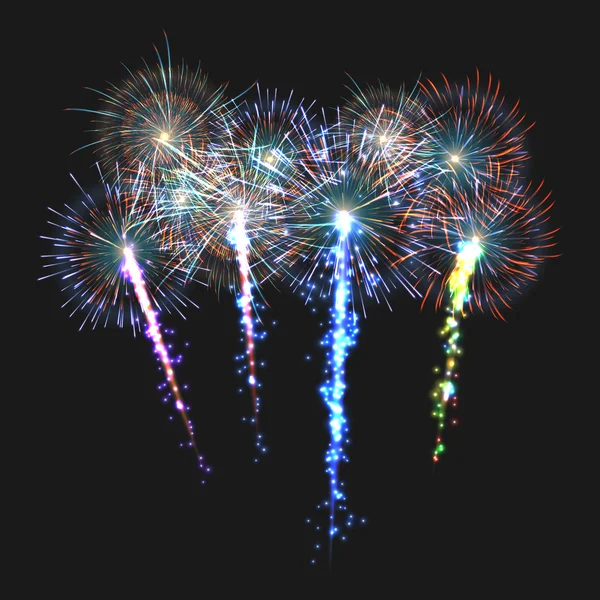 Fuochi d'artificio decorati festivi scoppiare in varie forme pittogrammi scintillanti impostati su sfondo nero astratto isolato. Illustrazione grafica . — Foto Stock
