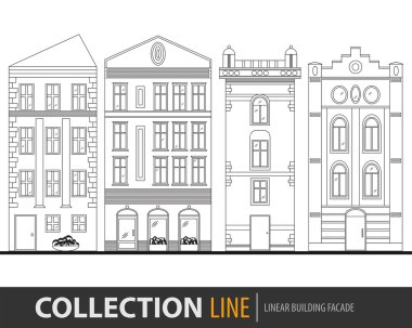 Güzel ayrıntılı doğrusal cityscape koleksiyonu townhouses ile. Küçük kasaba Victoria tarzı bina cephe ile sokak. Web, grafik, oyun ve hareket tasarım şablonu. Vektör çizim