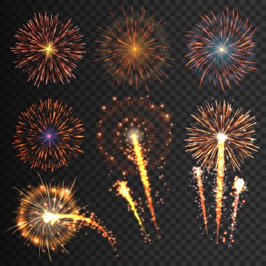 Collection festive fireworks of various colors arranged on a black background. Isolated outbreaks transparent to paste. Set of sparkling abstract shapes. Vector illustration