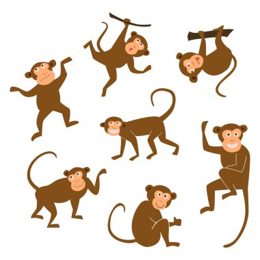 Chinese New Year 2016 monkeys decoration icon. Monkey in east style. Happy ape collection. Vector illustration. Brown chimpanzee on white isolated background