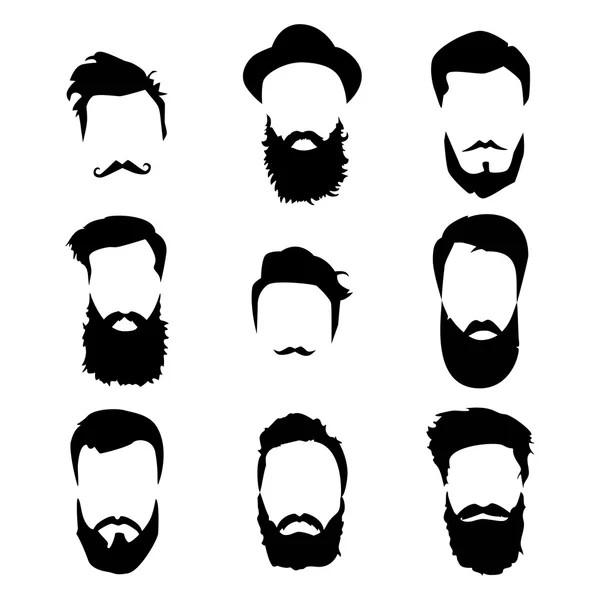 Conjunto de cabelo e barbas detalhadas Hipster. Homem barbudo da moda. Barba longa com pêlos faciais. Barba isolada sobre fundo branco. Ilustração vetorial —  Vetores de Stock