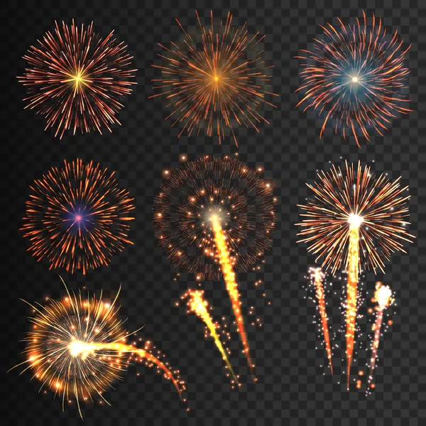 Collection festive fireworks of various colors arranged on a black background. Isolated outbreaks transparent to paste. Set of sparkling abstract shapes. Vector illustration — Stockvector