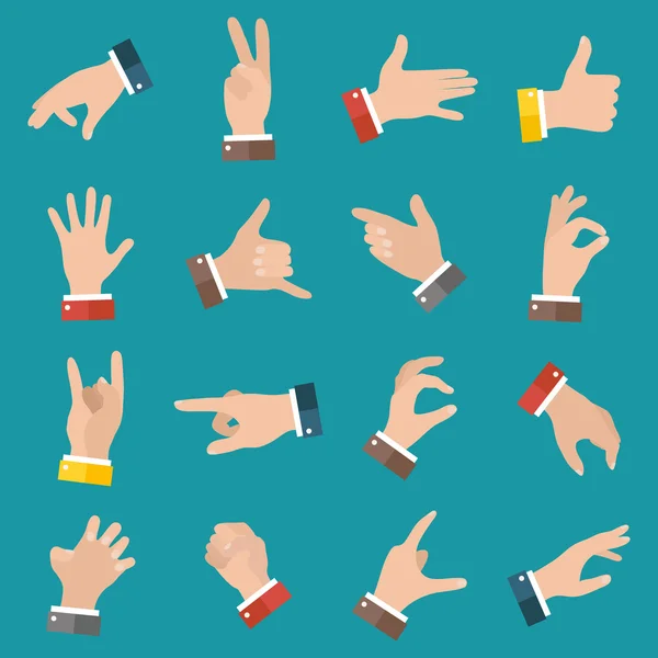 Otwórz puste ręce pokazując różne gesty. 16 ikon ustawić na białym tle. Wektor dłoń ilustracja — Wektor stockowy