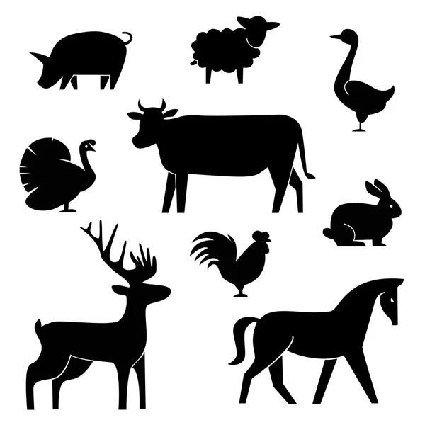 Set of butchery logotype templates. Cartoon farm animals with sample text. Retro styled toy farm animals black silhouettes collection for meat stores, groceries, packaging and advertising. Vector — Stock Vector