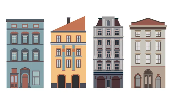 Hermosa colección detallada de paisaje urbano lineal con casas adosadas. Pequeña calle con fachadas de edificios victorianos. Plantilla para diseño web, gráfico, de juego y de movimiento. Ilustración vectorial — Archivo Imágenes Vectoriales