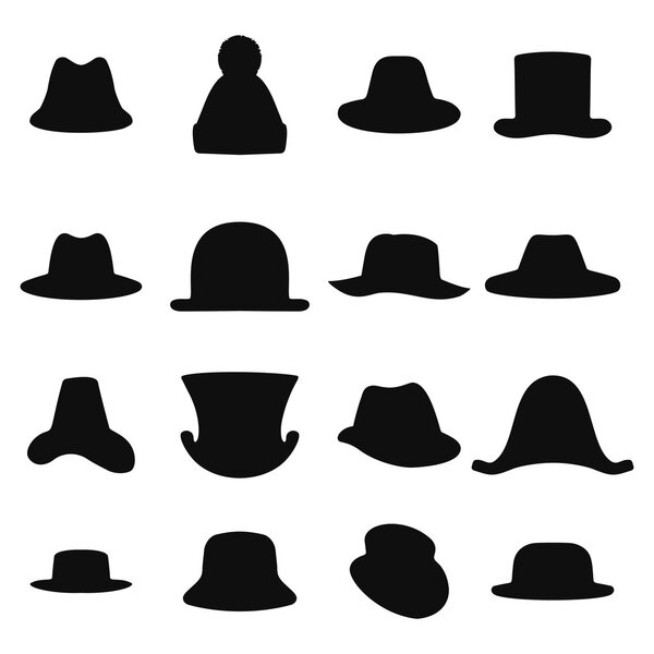 Collection of retro hats silhouette. Top hat isolated on white. Vector illustration