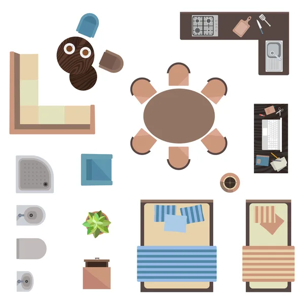 Verschillende interieur iconen Top View geïsoleerd op wit. Vector illustratie — Stockvector