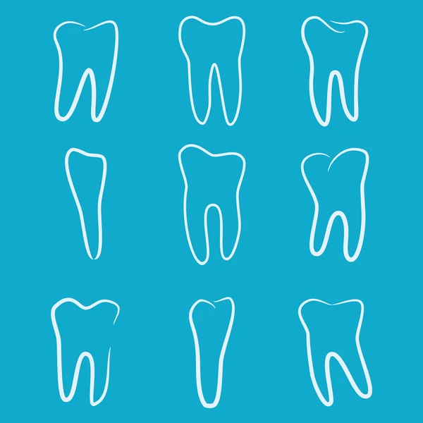 Människans tänder ikoner som isolerade på blå bakgrund för dental klinik. Linjära tandläkare logotyp. Vektor — Stock vektor