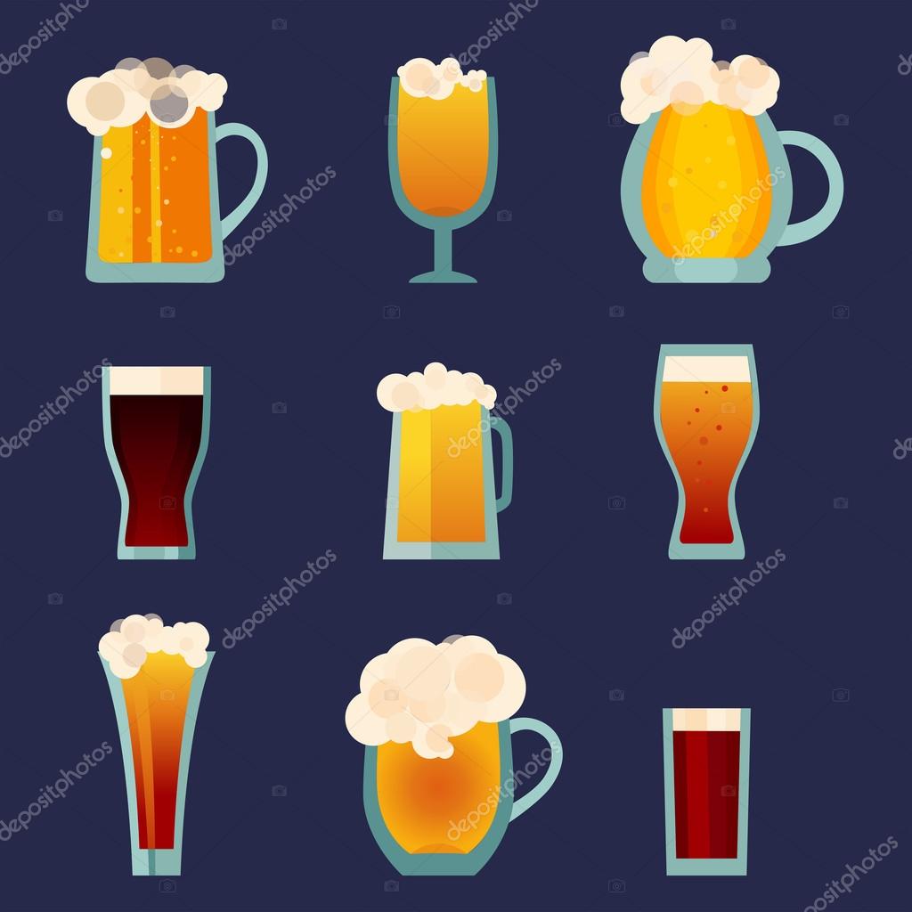 Beer glass cups icons set. Beer bottle isolated logo. Beer label, beer