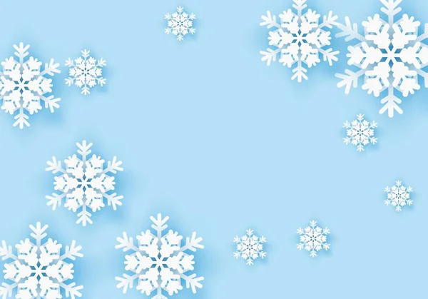 青い背景の冬折り紙雪のグリーティングバナー。白い雪の招待状のデザインカード。クリスマス休暇のための冬の紙のポスターテンプレート。テキスト用の雪のフレークフレームパターン。ベクトル — ストックベクタ