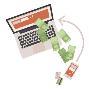 Dünya çapında para transferi kavramı. Akıllı telefondan kişisel bilgisayara yeşil banknotlar göndermek. Düz biçimli vektör illüstrasyonu