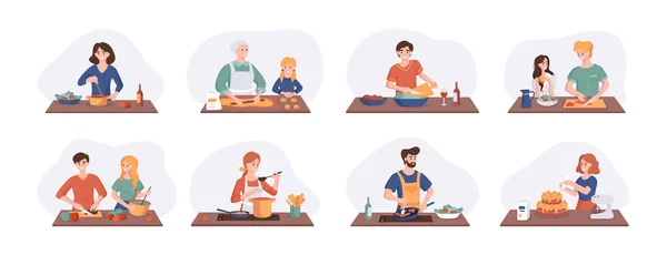 Coleção de desenhos animados sorrindo pessoas cozinhar na mesa da cozinha em casa. Vários cartoon set homem, mulher, casal família preparando comida. Ilustração vetorial isolada sobre fundo branco —  Vetores de Stock