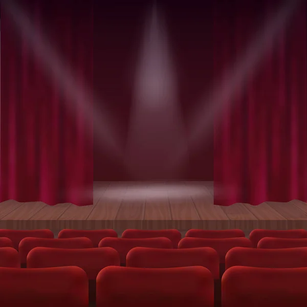 Escena de cine o sala de teatro con cortina y sillas. Ilustración vectorial — Vector de stock