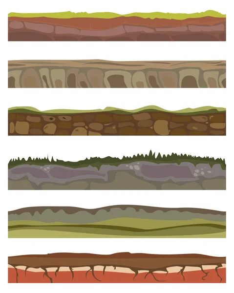 Inconsútil varios suelos en rodajas para el juego ui. Suelos zona de tierra en primer plano en estilo de dibujos animados con hojas de hierba, capas de rocas. Ilustración vectorial — Vector de stock