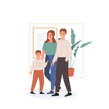 Mutlu aile kavramı. Baba, anne ve çocuk evde kalıp birlikte vakit geçiriyorlar. Düz biçimli vektör illüstrasyonu