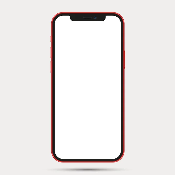 Maqueta realista vista frontal del teléfono inteligente. Mibile marco rojo del teléfono con pantalla blanca en blanco aislado en el fondo. Dispositivo vectorial. — Vector de stock