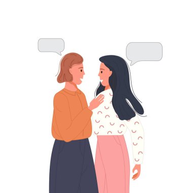 Çok ırklı insanlar sosyal ağları konuşuyor ya da tartışıyorlar. Konuşma baloncukları olan çiftlerle konuşan iki arkadaş. Karakter diyaloğu kavramı. Vektör illüstrasyonu