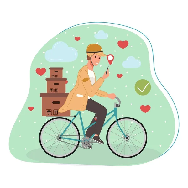 Koerier of bezorger personeel op de fiets. Karakter met pakketpakketten dozen. Vector illustratie snelle levering service concept — Stockvector