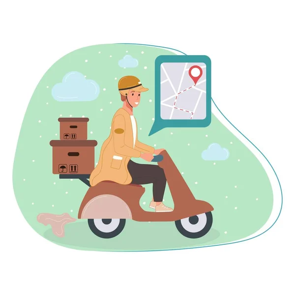 Mensajero o trabajador de servicio en línea de entrega en scooter. Carácter con paquetes paquetes cajas. Ilustración vectorial moto delivery service concept — Vector de stock