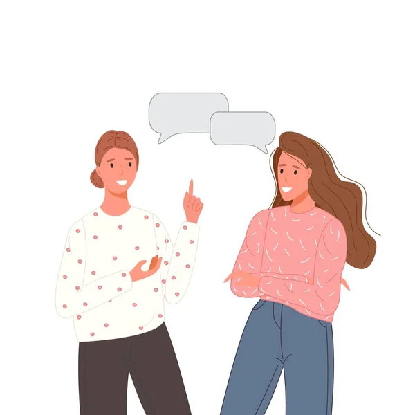 Pessoas multiétnicas conversando ou discutindo rede social. Dois amigos falando casais com bolhas de fala. Conceito de diálogo de personagens. Ilustração vetorial —  Vetores de Stock