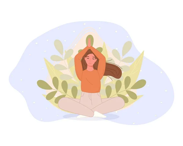 Kvinnor som sitter på golvet och mediterar i Lotus poserar. Yoga meditation praxis koncept i tecknad stil. Vektorillustration — Stock vektor