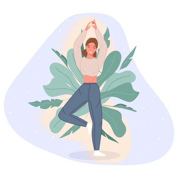 Las mujeres felices se paran en el suelo y meditan en la pose de yoga. Concepto de práctica de meditación en estilo de dibujos animados. Ilustración vectorial — Archivo Imágenes Vectoriales