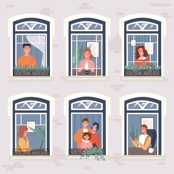 Neighbors in their apartments spend time at home near panoramic window. Vector illustration stay home concept — 스톡 벡터