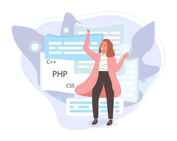 Software developers working of script coding. Engineer character programming in php, python, javascript, other languages. Vector illustration — Stock Vector