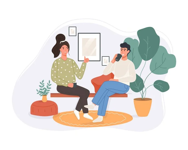 Feliz duas mulheres sentadas no sofá a beber café e a falar em casa. Personagem sorridente a passar tempo juntos. Ilustração vetorial —  Vetores de Stock