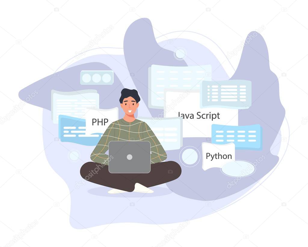Software developers working of script coding. Engineer character programming in php, python, javascript, other languages. Vector illustration
