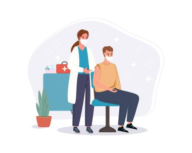 Klinikteki tıp doktoru yaşlılara koronavirüs aşısı yapıyor. Hastanede bağışıklık aşısı konsepti. Hasta için kapak aşısı. Vektör