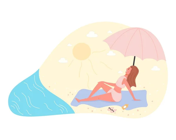 Hot summer outdoor recreation on sand beach. Woman sunbathing near coastline. Vector illustration summer time vacation — Stock Vector