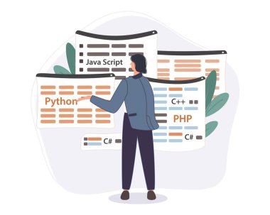 Web geliştirme kodu üzerinde çalışan programcı. Bilgisayarda Python, php ve java betiği mühendis programlama. Vektör illüstrasyonu profesyonel yazılım geliştiricileri kavramı