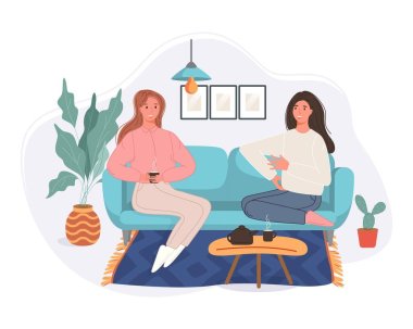 Happy two women sitting in the couch drinking coffee and talking at home. Smiling character spending time together. Vector illustration clipart