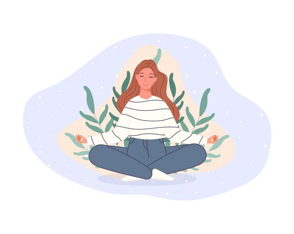 Mujeres sentadas en el suelo y meditando en pose de loto. Concepto de práctica de meditación de yoga en estilo de dibujos animados. Ilustración vectorial — Archivo Imágenes Vectoriales