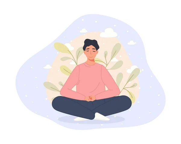 Men sitting on floor and meditating in lotus pose. Yoga meditation practice concept in cartoon style. Vector illustration — Stock Vector