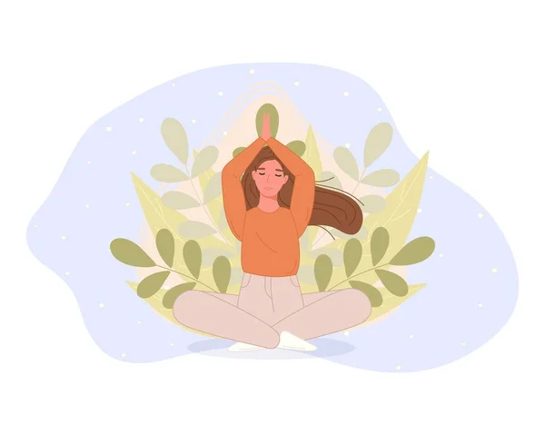 Mujeres sentadas en el suelo y meditando en pose de loto. Concepto de práctica de meditación de yoga en estilo de dibujos animados. Ilustración vectorial — Archivo Imágenes Vectoriales