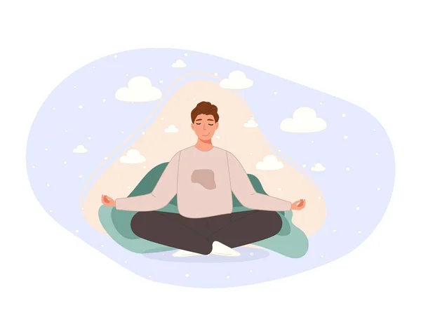 Homens sentados no chão e meditando em pose de lótus. Conceito de prática de meditação de ioga em estilo cartoon. Ilustração vetorial — Vetor de Stock