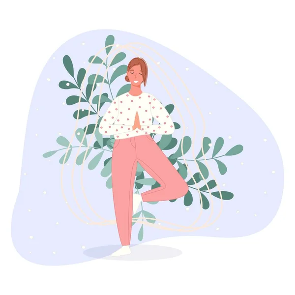 Happy women stand on floor and meditating in yoga pose. Meditation practice concept in cartoon style. Vector illustration — 스톡 벡터