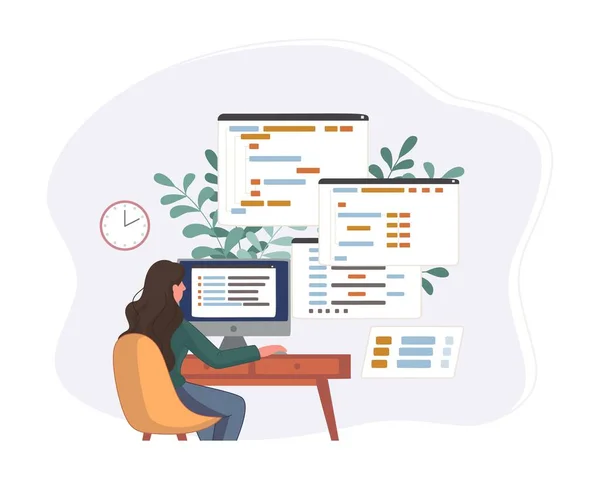 Программист работает над кодом веб-разработки. Инженерное программирование на Python, php и java скриптах на компьютере. Концепция векторной иллюстрации — стоковый вектор