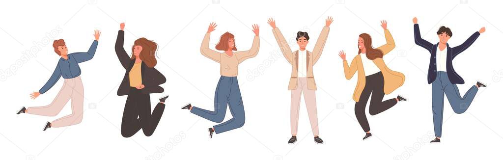 Happy team people celebrating win. Group of friends jumping for goal achievement. Vector illustration in cartoon style isolated on white backdrop